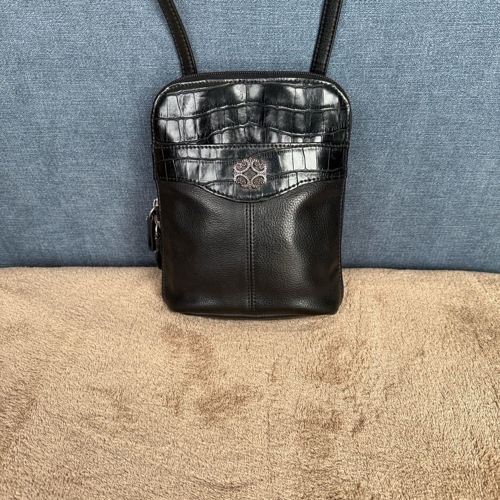 Vintage Rolf’s Black Faux Leather Croc-Embossed Crossbody Bag - 90s Style